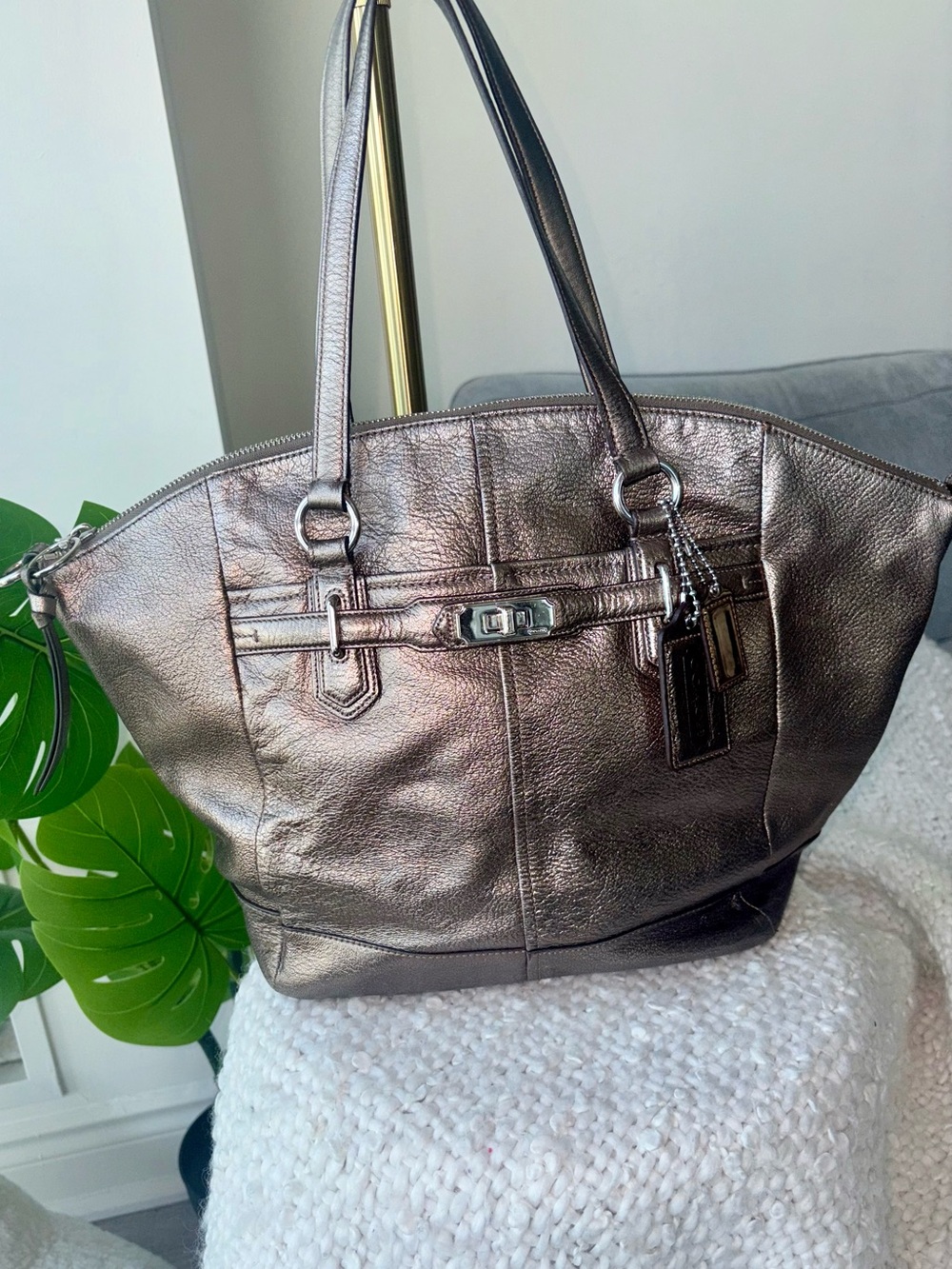 Authentic Coach 17794 Metallic Pewter Leather Large Tote Shoulder Bag Y2K Purse
